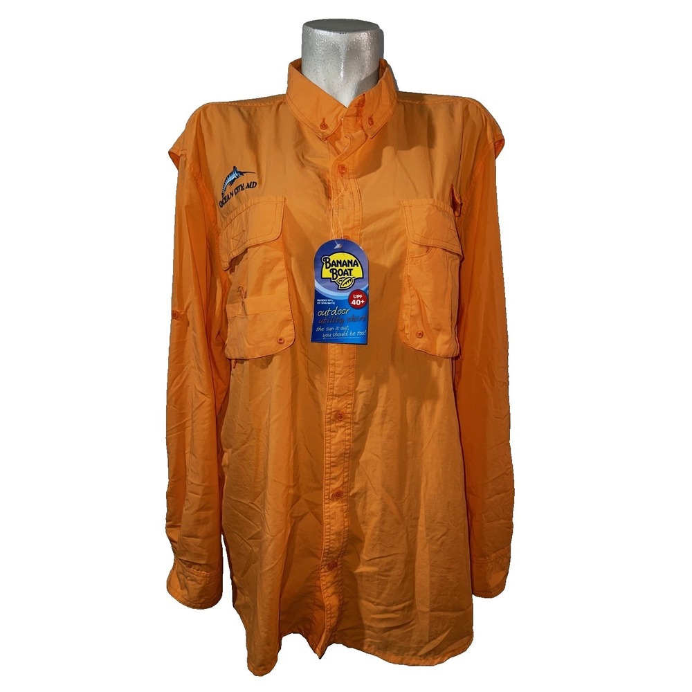 Banana Boat Mens Orange Fishing Shirt Ocean City MD Marlin UPF 40+ NWT Large